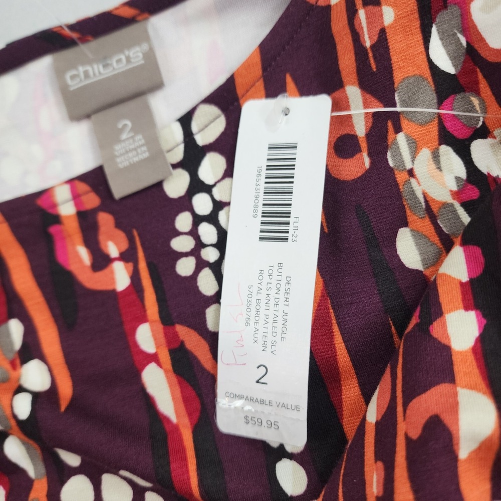 Chico's tunic top womens sz 2 red desert jungle button detailed slv stretch $59 - Picture 10 of 11